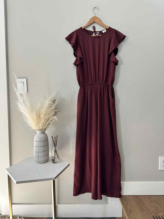 Wilfred Fleurette Cropped Wide Leg Ruffle Sleeve Jumpsuit – Wine, Size Medium - Picture 1 of 6